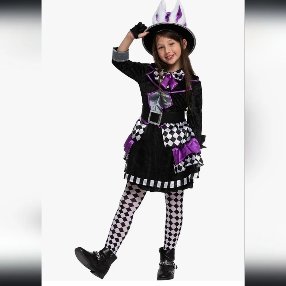 Kids Mad Hatter Costume Deluxe Alice Wonderland Dress Outfit L 10-12 Set